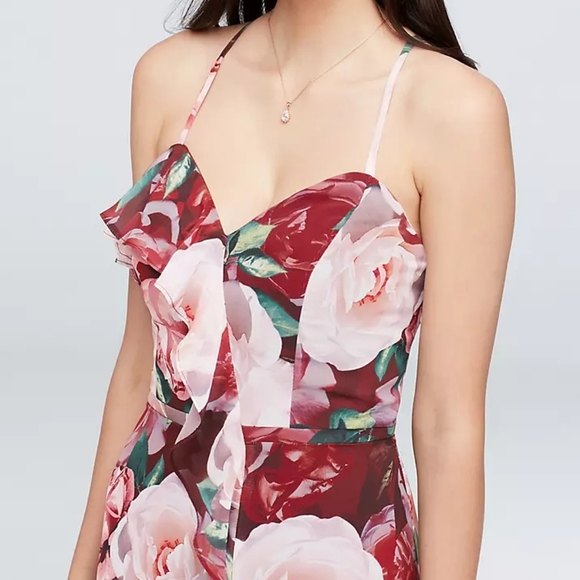 Cachet Floral Chiffon Wrap Slit Dress Cascading Ruffle Sweetheart Neckline Sz 6. - Picture 3 of 16